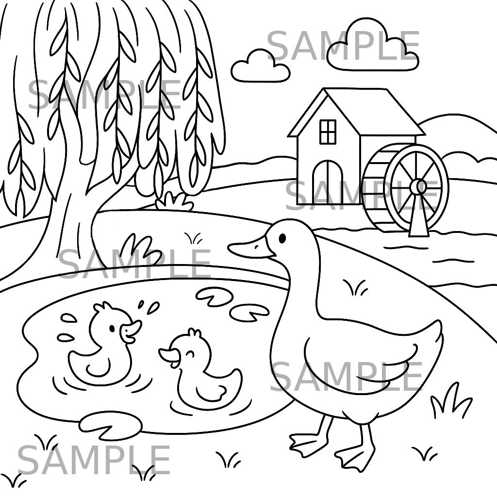 Duck Pond Coloring Page for Kids and Adults, Farm Animal Printable…