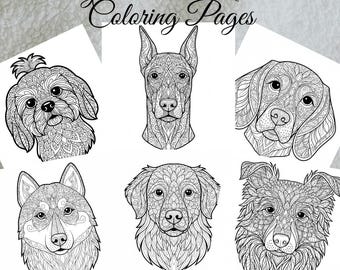 May include: Black and white line art of dog breeds, including a Shih Tzu, Doberman, and Beagle, with intricate mandala patterns. The text "Dog Breeds Mandala Coloring Pages" and "31 Pages" are also visible.