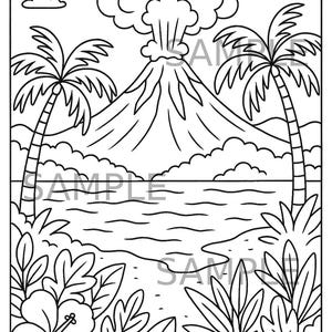 May include: Black and white line art illustration of a tropical landscape with a volcano erupting. Palm trees, clouds, and tropical plants frame the scene. The word "SAMPLE" is printed across the image.