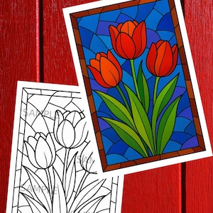 May include: Two images of tulip art. One is a colored stained-glass style with red tulips, green leaves, and a blue background. The other is a black and white line drawing of the same tulip design. The text "COLORED FOR EXAMPLE ONLY" is at the top.