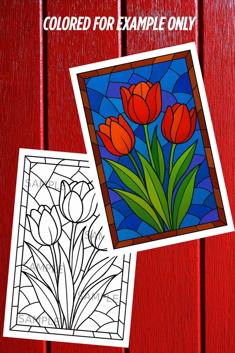 May include: Two images of tulip art. One is a colored stained-glass style with red tulips, green leaves, and a blue background. The other is a black and white line drawing of the same tulip design. The text "COLORED FOR EXAMPLE ONLY" is at the top.