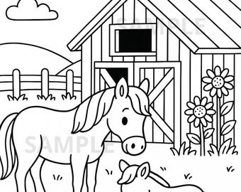 Horse Coloring Page PNG, Barn Farm Scene with Foal Drinking Water, Cute Horses Printable, Kids Activity Coloring Sheet, Digital Download