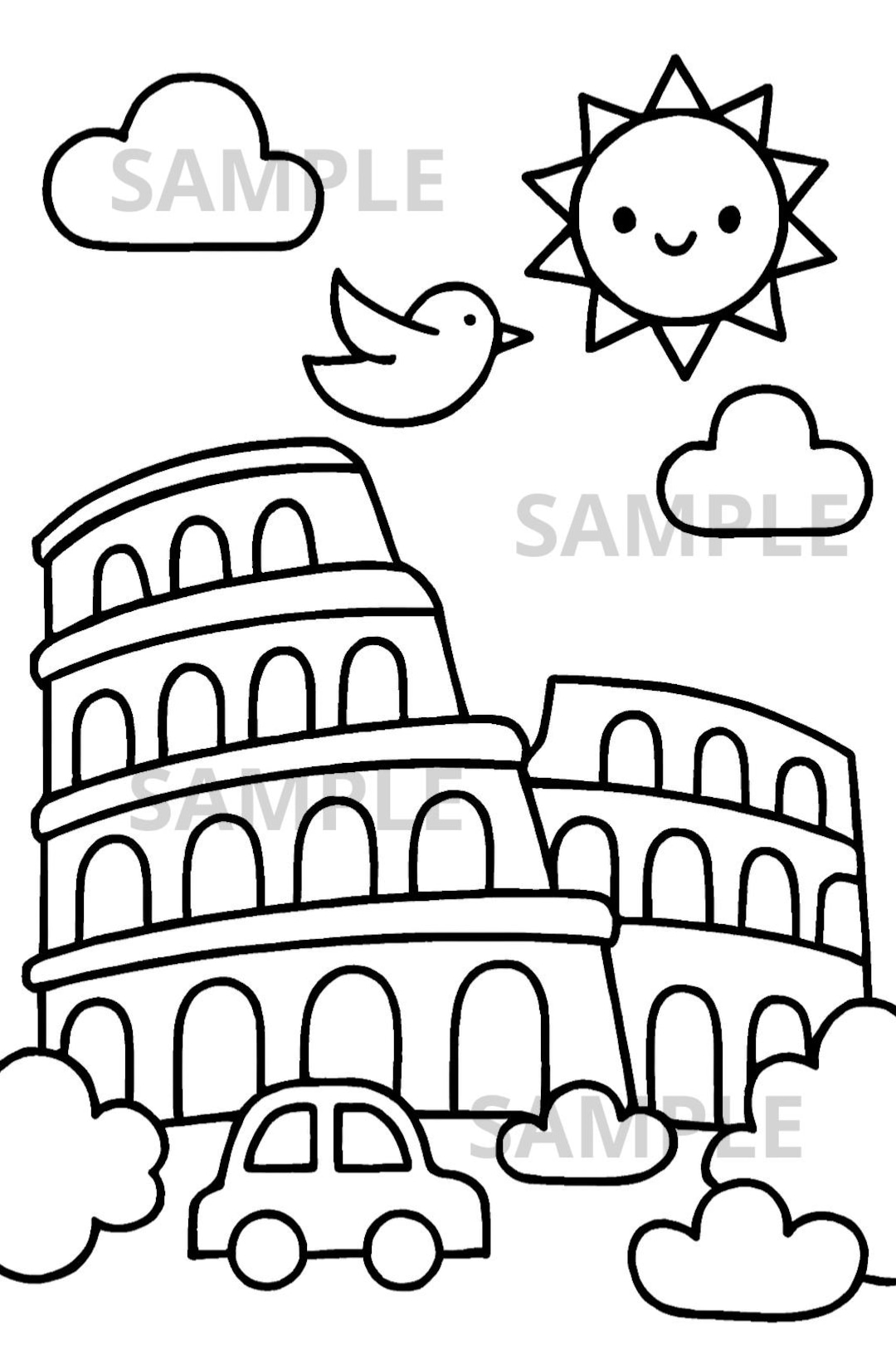 Cute Colosseum Coloring Page for Kids, Famous Landmark PNG, Simple Rome ...