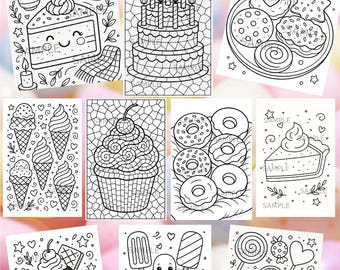10 Pack Sweets Coloring Pages, Cute Dessert Printable Coloring Sheets for Kids and Adults, Digital Coloring Book PDF, Instant Download