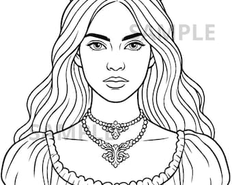 Royal Queen Coloring Page, Printable Princess Line Art, Adult Kids Digital Download, Fantasy Fairytale Portrait, Detailed Crown Jewelry