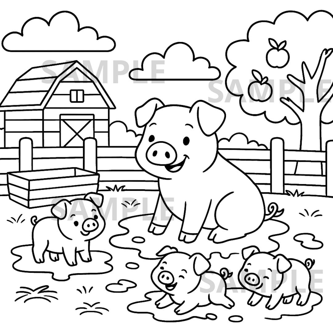 Pig Coloring Page PNG, Cute Piglets in Mud Farm, Barn and Apple Tree…
