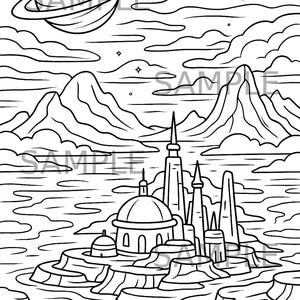 May include: Black and white line art illustration of a fantasy landscape with a planet, moon, mountains, and a city. The image is suitable for coloring and features the word "SAMPLE" in several places.