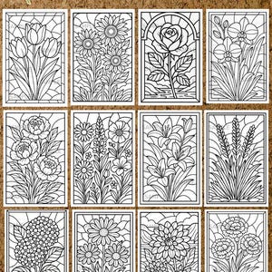May include: Digital coloring pages featuring 12 stained glass flower designs. Each page showcases a different floral arrangement, outlined in black and white, ready for coloring. The text "Digital Download Only" is also included.