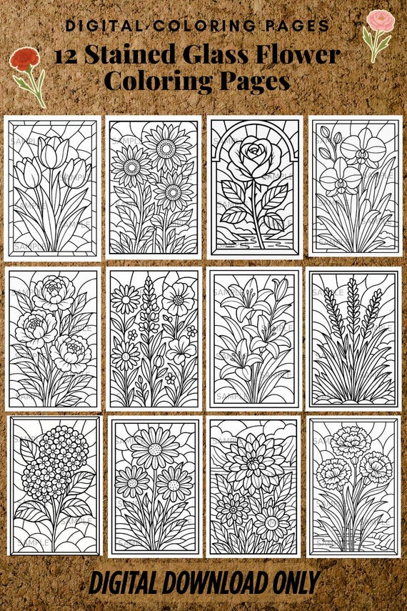 stained glass flower coloring pages pack, coloring bundle, rose tulip sunflower lily daisy orchid peony, printable coloring sheets