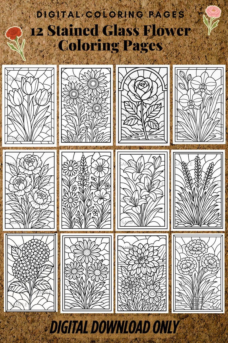 May include: Digital coloring pages featuring 12 stained glass flower designs. Each page showcases a different floral arrangement, outlined in black and white, ready for coloring. The text "Digital Download Only" is also included.