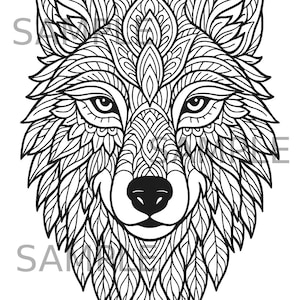 May include: Black and white illustration of a wolf's head. The wolf is depicted in a detailed, symmetrical design with intricate patterns. The word "SAMPLE" is partially visible in the image.