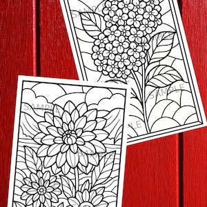 May include: Two black and white floral coloring pages with a hydrangea and dahlia design. The pages are rectangular and set against a red wooden background. The word "SAMPLE" is visible on the pages.