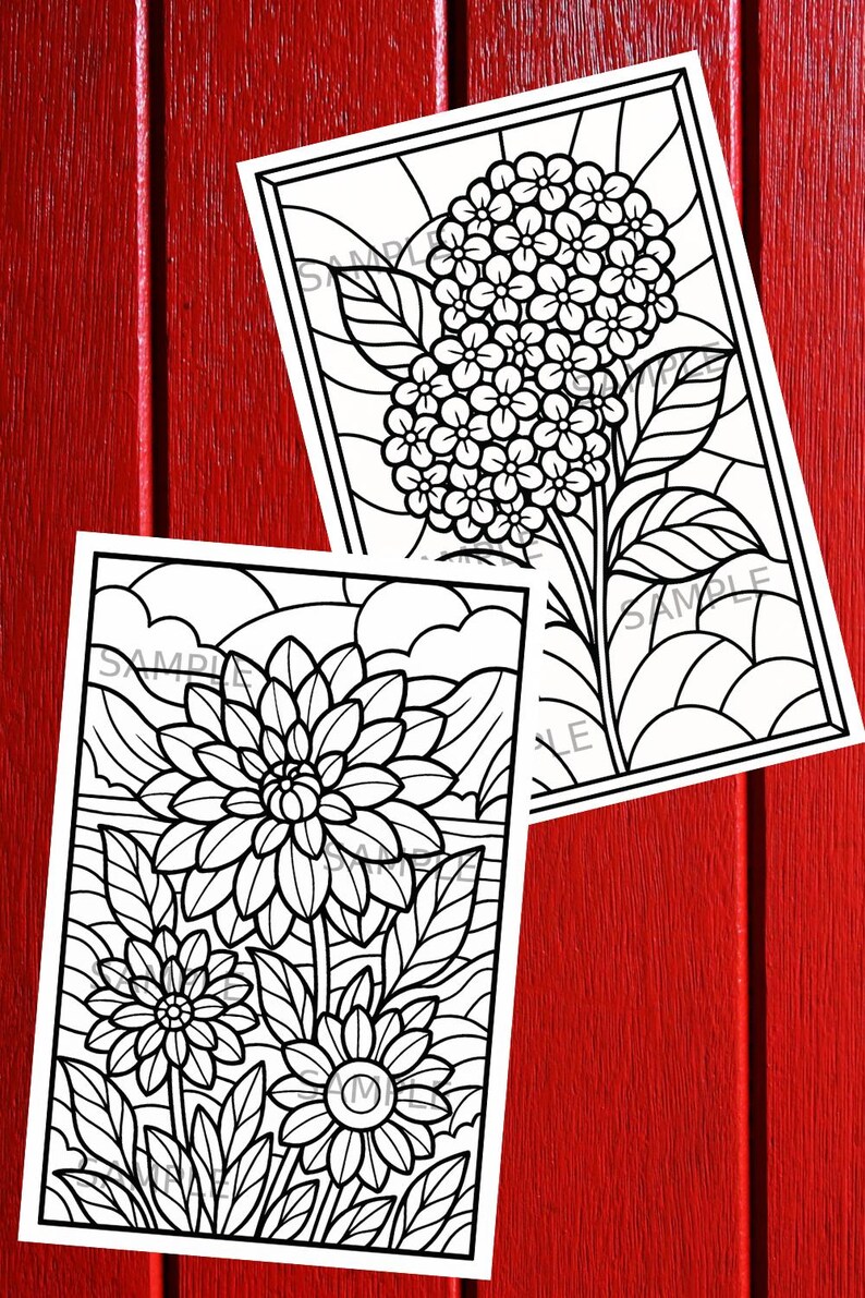May include: Two black and white floral coloring pages with a hydrangea and dahlia design. The pages are rectangular and set against a red wooden background. The word "SAMPLE" is visible on the pages.