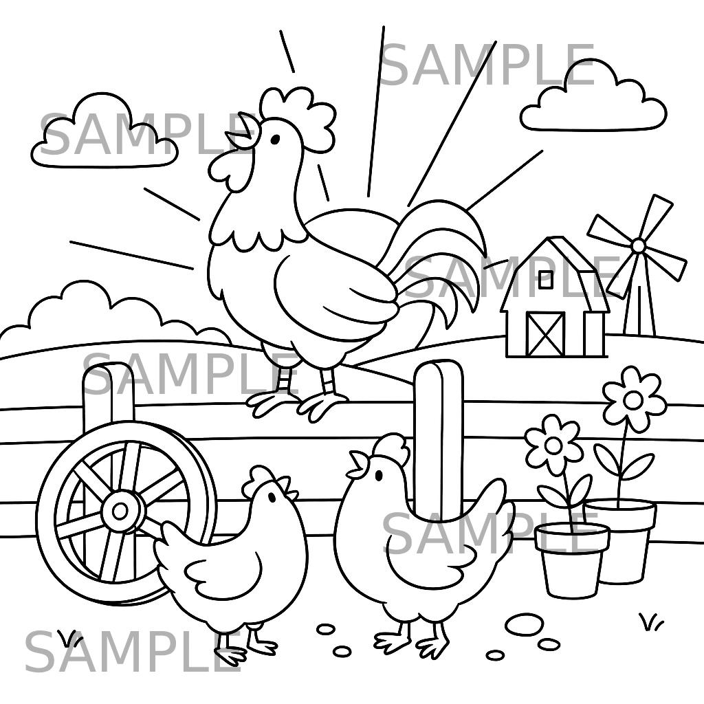 Rooster and Chickens Farm Coloring Page Printable, Morning Barnyard…