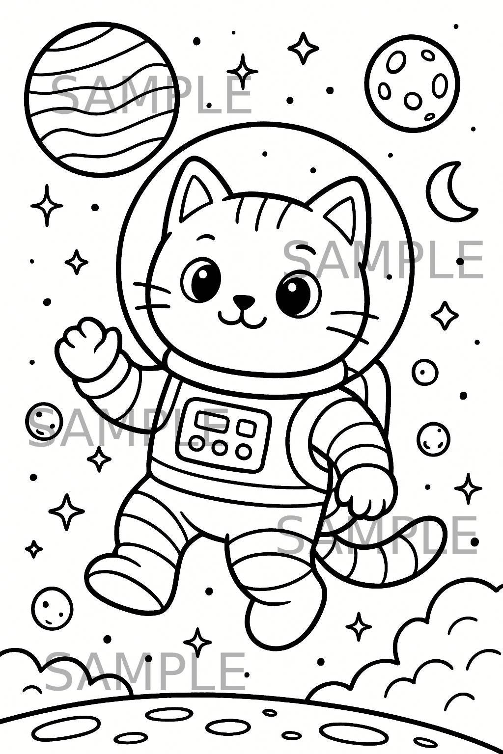 Space Cat Coloring Page, Printable Cute Animal Working PNG Coloring…
