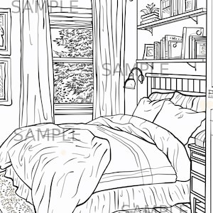 May include: Black and white line drawing of a bedroom interior. The room features a bed with pillows and a comforter, a window with curtains, bookshelves, and a rug. Books and decorative items are visible.