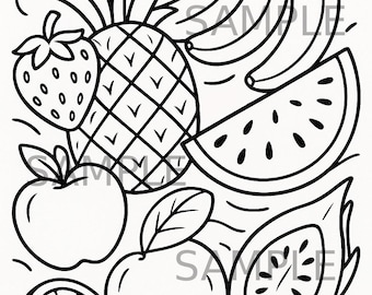Tropisch fruit kleurplaat png, exotische zomervoedsel zeer fijne tekeningen, leuke creatieve digitale download, ontspannend afdrukbaar fruit kleurplaat voor volwassenen