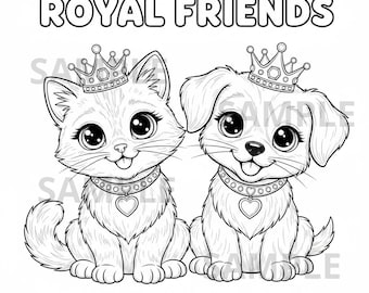 Royal Friends coloring page, cute crowned cat & dog, kitten and puppy, holiday printable coloring sheet, thick bold line art PDF + PNG