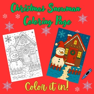 Cozy Snowman Coloring Page, Christmas Winter Scene Holiday House Printable, Festive Snowman Digital Download PNG Coloring Sheet