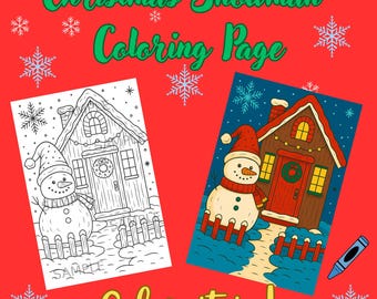 Cozy Snowman Coloring Page, Christmas Winter Scene Holiday House Printable, Festive Snowman Digital Download PNG Coloring Sheet