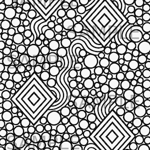 May include: Black and white geometric pattern featuring repeating diamond shapes, wavy lines, and circles of varying sizes. The design is a symmetrical arrangement, creating a visually engaging and abstract composition. The pattern is suitable for various applications.