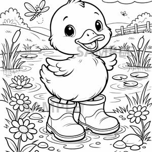 Può includere: Disegno in bianco e nero di un'anatra con stivali di gomma, in piedi in uno stagno con fiori e una libellula. Lo sfondo include nuvole, erba e una recinzione. La parola "SAMPLE" è visibile.
