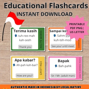 May include: A set of 30 Indonesian educational flashcards available for instant download. The image displays four example flashcards with Indonesian phrases and English translations. The flashcards are in green, orange, yellow, and pink, with the Indonesian flag in the top left corner.