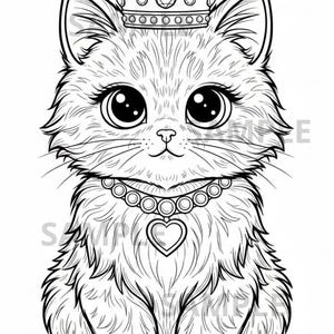 Puede incluir: Ilustración detallada en blanco y negro de un gato con corona y collar con colgante en forma de corazón. El gato tiene ojos grandes y pelaje esponjoso, lo que le da una apariencia regia.