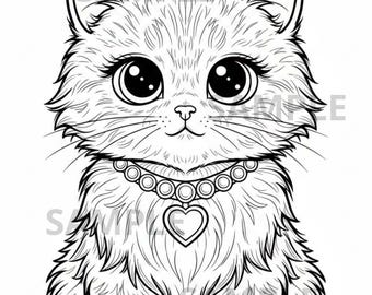 Princess Kitten coloring page printable, cute cat in royal dress, thick bold line art, kawaii kitten coloring sheet for all ages, PDF PNG