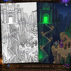 Puede incluir: Paquete de páginas para colorear de Fantasy RPG con una ilustración detallada y una referencia en color. La hoja para colorear imprimible incluye un castillo, personajes y un camino sinuoso. Disponible en formatos PNG y PDF para descarga instantánea.