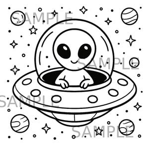 May include: Black and white illustration of a friendly alien in a UFO, surrounded by stars and planets. The alien has large eyes and is smiling. The UFO has a circular design with lights.