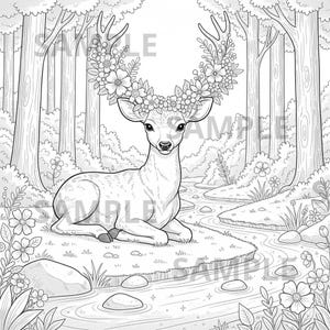 May include: A detailed black and white illustration of a deer resting in a forest setting. The deer has large antlers adorned with flowers and is positioned near a stream. The background features trees, bushes, and flowers, creating a serene woodland scene.
