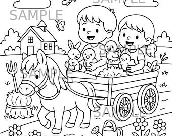 Kids on farm coloring page printable, pony cart ride with animals coloring sheet, farmyard children coloring page, instant download activity