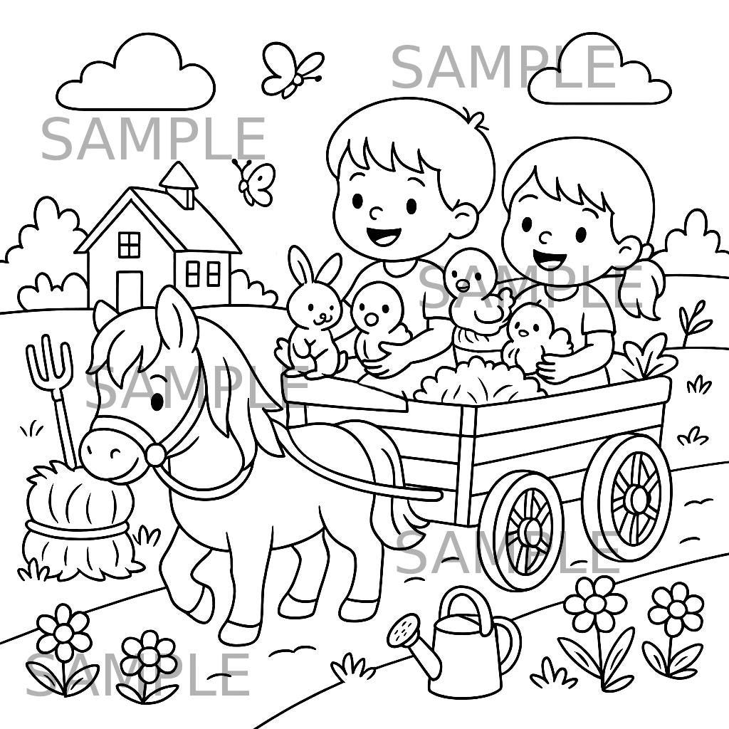 Kids on farm coloring page printable, pony cart ride with animals…