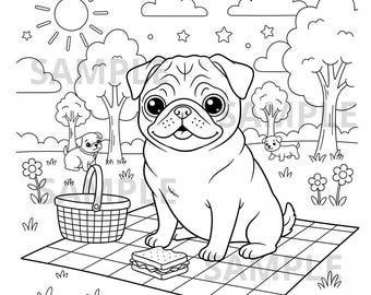 Pagina da colorare di un carlino in formato PNG e PDF, foglio da colorare per un simpatico picnic con un carlino, pagina da colorare di un cane per bambini e adulti, download digitale