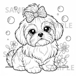 Puede incluir: Ilustración en blanco y negro de un cachorro con un lazo con forma de corazón. El cachorro tiene ojos grandes y expresivos y está rodeado de burbujas y flores. Un dibujo encantador y detallado.
