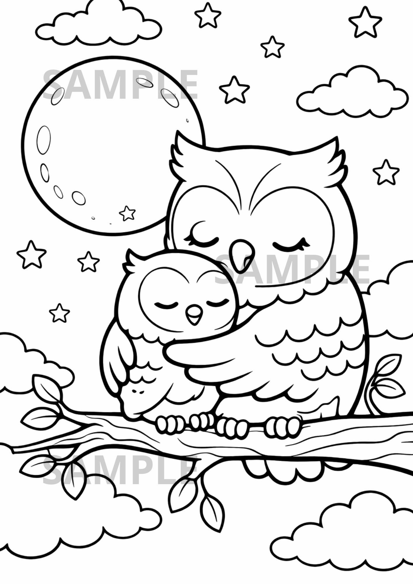 Mother&rsquo;s Day Mama Owl Coloring Page, Mom and Baby Owl Hugging, Kids Mothers Day Coloring Sheet