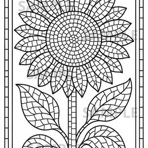 May include: Black and white line art of a sunflower with a mosaic-like design. The sunflower has a large central head, surrounded by petals, a stem, and leaves. The image is framed with decorative borders.