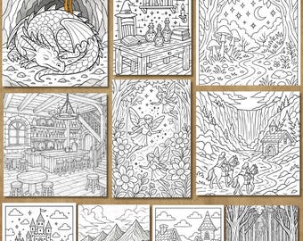 Bundel fantasiekleurplaten, 10 digitale afdrukbare ontwerpen pdf, draken, kastelen, feeën, bossen, gratis 2 stickers fantasie, png