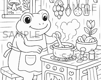 Cottagecore Frog Coloring Page, Cozy Frog Kitchen Printable, Whimsical Animal Coloring Sheet for Kids and Adults, Digital Download