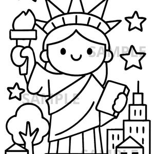 Peut inclure: Illustration en noir et blanc de la Statue de la Liberté tenant une torche et une tablette, entourée d'étoiles, de bâtiments, d'un arbre et de maisons. Le mot "SAMPLE" est imprimé sur l'image.