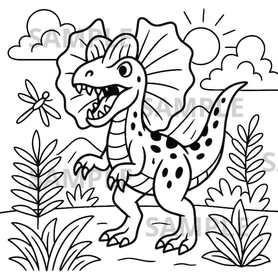 ディロフォサウルスの恐竜ぬりえPNG、子供と大人向けの印刷可能な先史