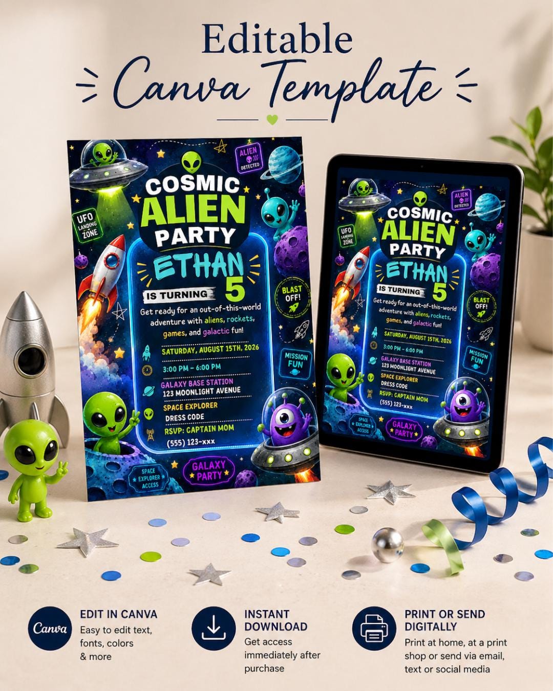Alien Birthday Invitation Template Editable Canva, Space Birthday ...