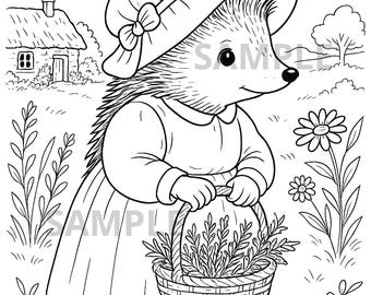 Bonita página para colorear de erizo estilo cottagecore, hoja para colorear imprimible de animales del bosque para adultos y niños, arte rústico de naturaleza DIY PNG