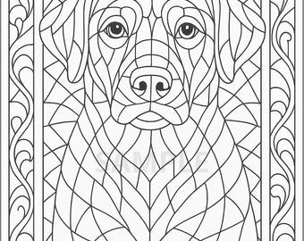 Stained Glass Dog Coloring Page, Printable Stained Glass Animal Art, Unique Dog Digital Coloring Sheet for Adults and Kids