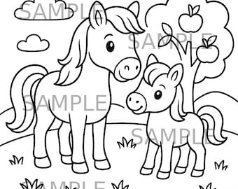 Página para colorear de amigos caballos, hoja para colorear de ponis adorables para niños, página para colorear de caballos, descarga digital instantánea
