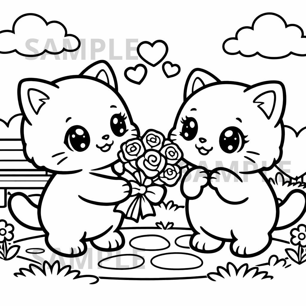 Kitten Giving Roses Coloring Page, Cute Valentine Cat Coloring for…