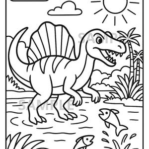 May include: Black and white line drawing of a Spinosaurus dinosaur in a prehistoric scene. The dinosaur is walking near water with fish jumping out. The sun, clouds, and palm trees are also depicted. The word "SAMPLE" is written at the top and bottom.