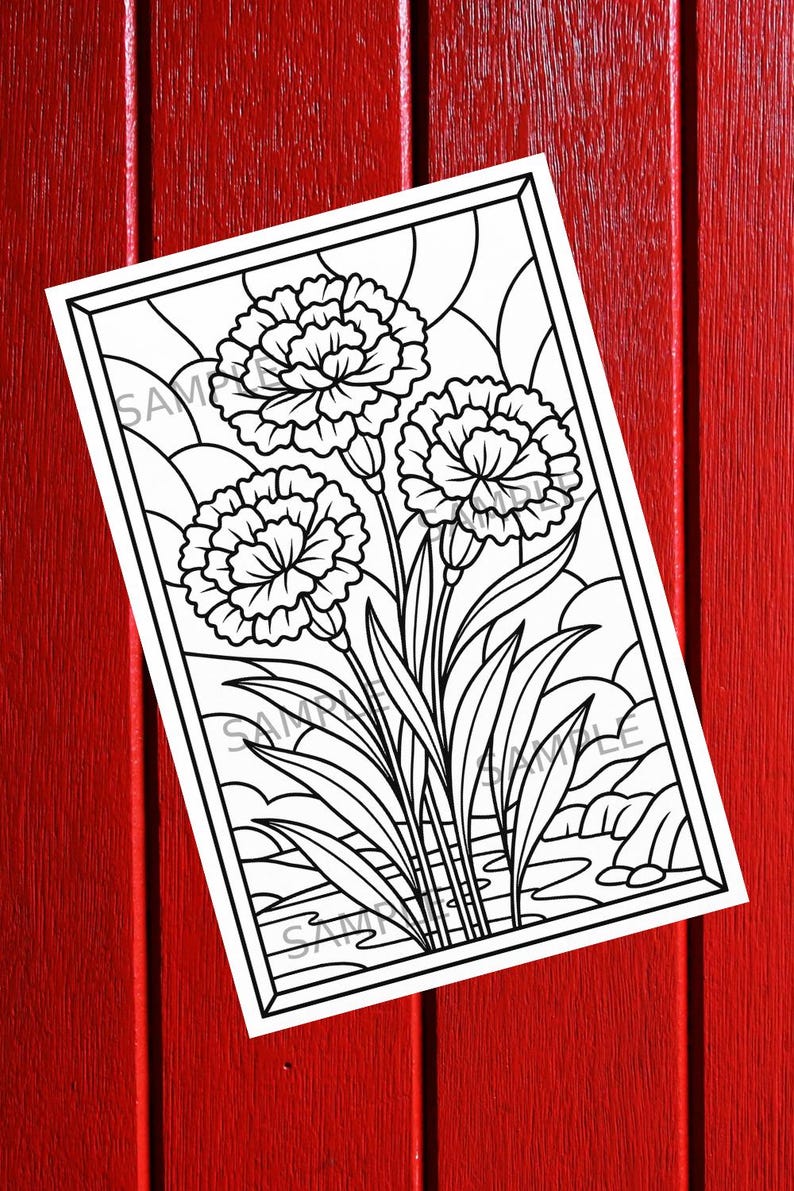May include: Black and white floral line art print featuring three carnation flowers with detailed petals and leaves. The artwork is framed and set against a red wooden background. The word "SAMPLE" is visible.