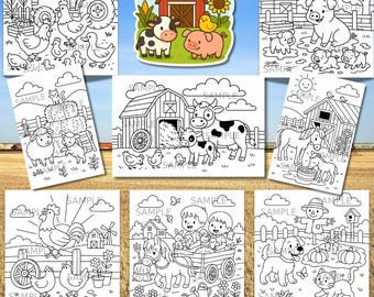 Farm Life Coloring Pages Bundle, 10 Printable Kids Farm Animals Coloring Sheets, Barnyard, Cow, Pig, Horse, PDF Download with Free Sticker